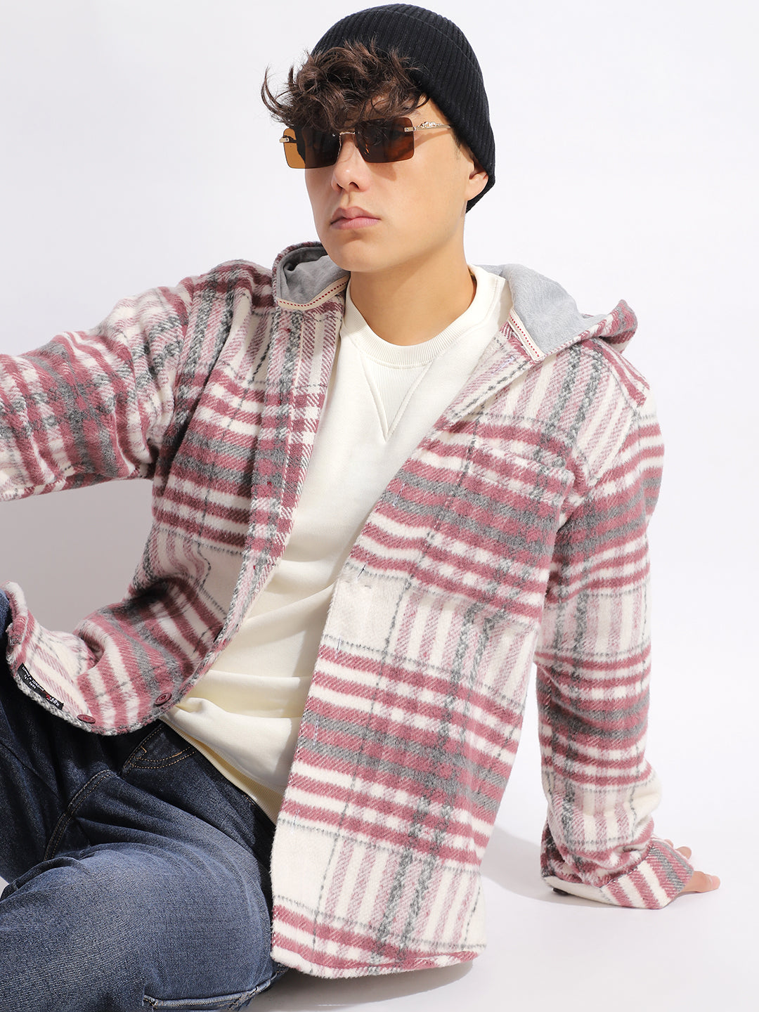 Pure Wool Hoodie Wine Check Shacket