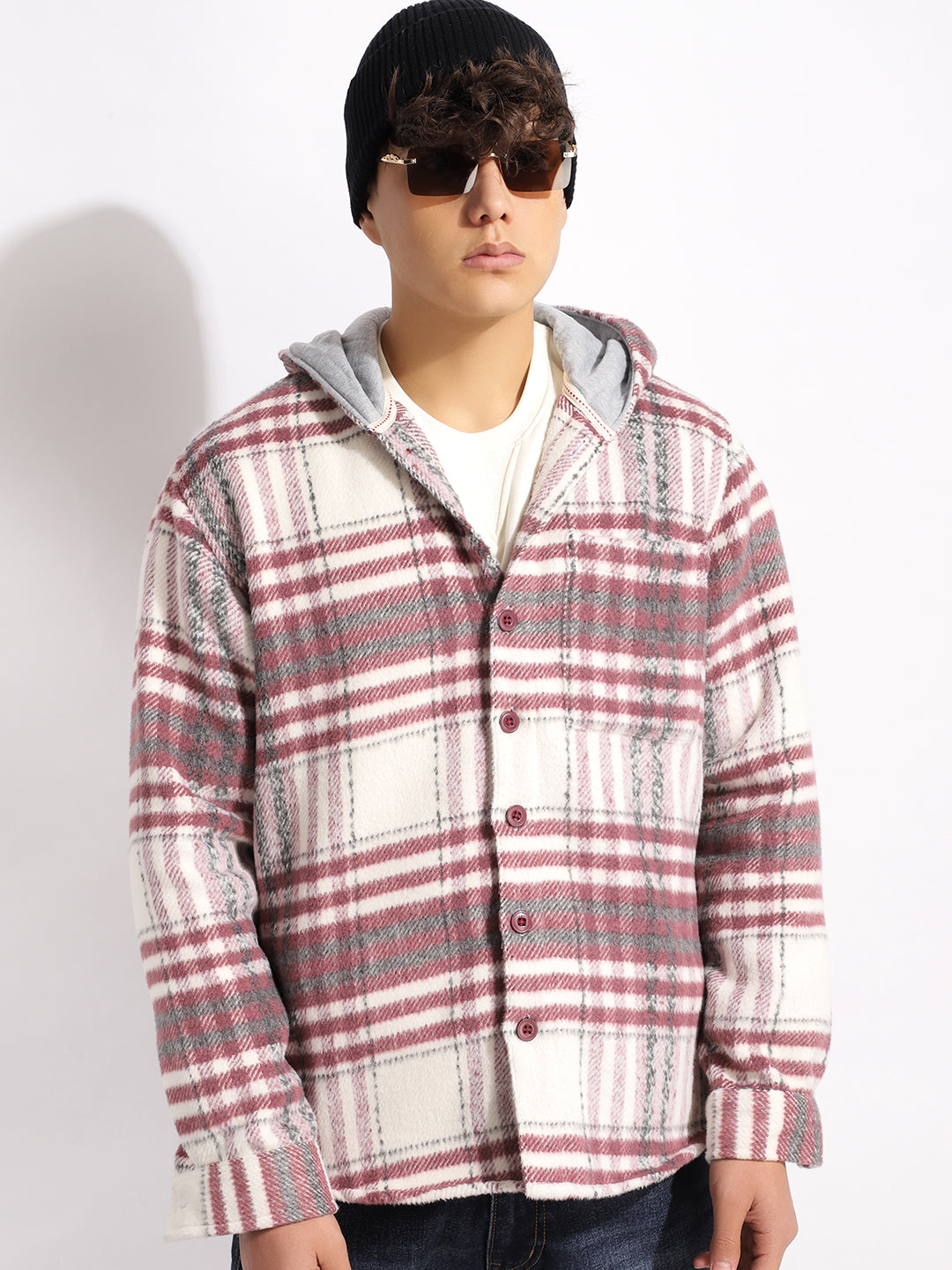 Pure Wool Hoodie Wine Check Shacket