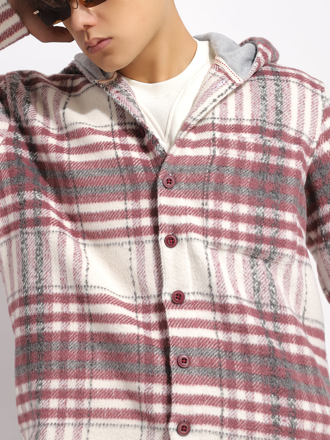 Pure Wool Hoodie Wine Check Shacket