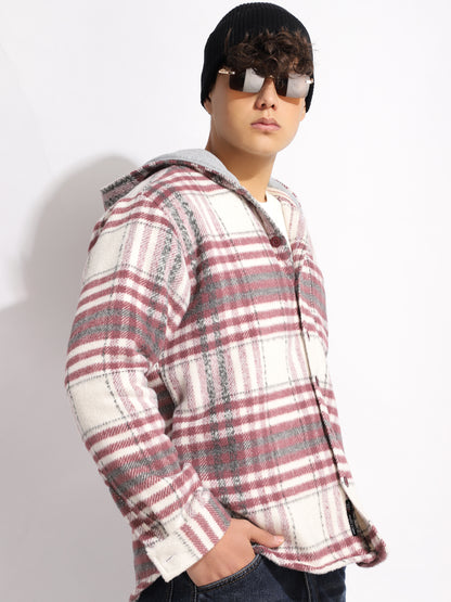 Pure Wool Hoodie Wine Check Shacket