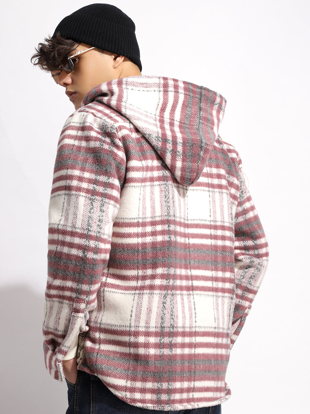 Pure Wool Hoodie Wine Check Shacket