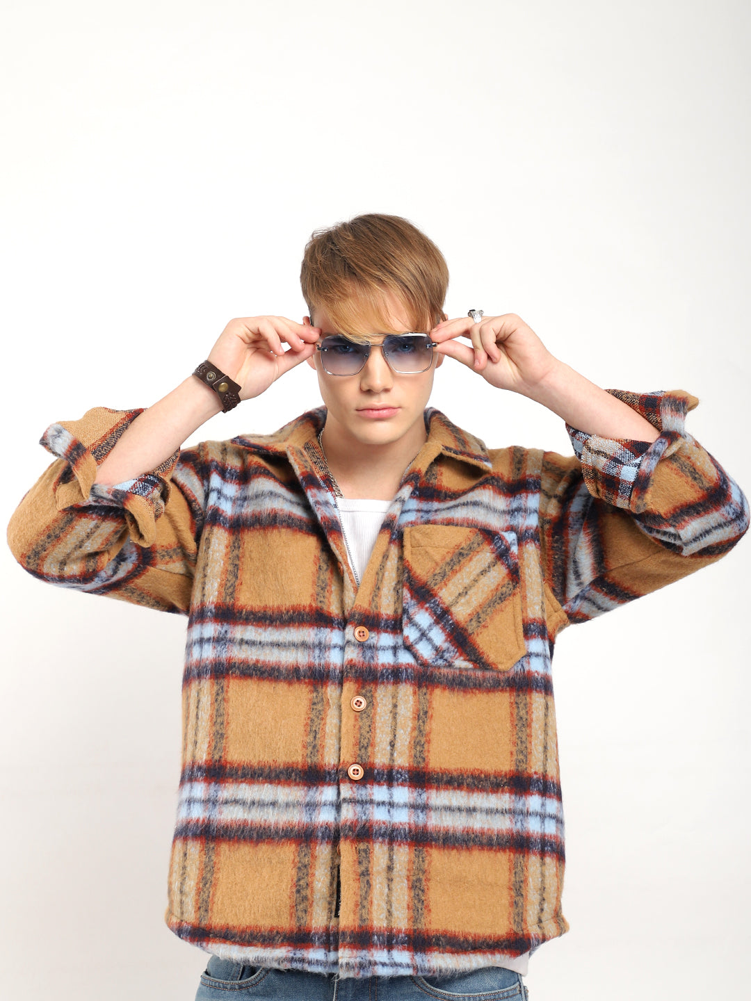 Marble Arch Pure Wool Mustard &amp; Navy Check Shirt