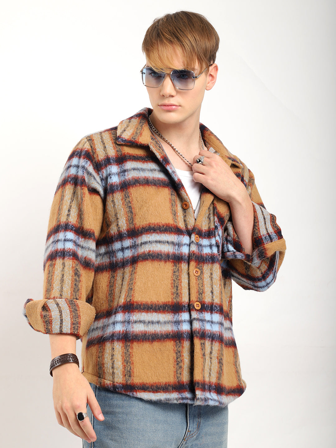 Marble Arch Pure Wool Mustard &amp; Navy Check Shirt