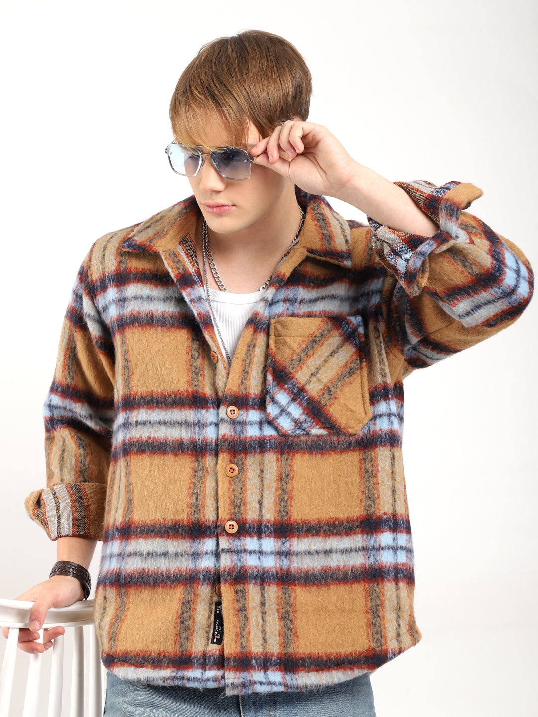 Marble Arch Pure Wool Mustard &amp; Navy Check Shirt