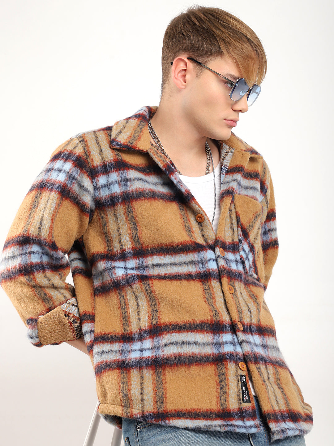 Marble Arch Pure Wool Mustard &amp; Navy Check Shirt