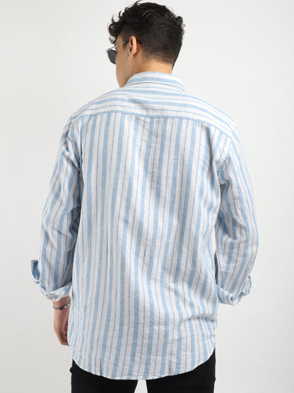 British Vintage Sky Blue Linen  Full Sleeve Shirt