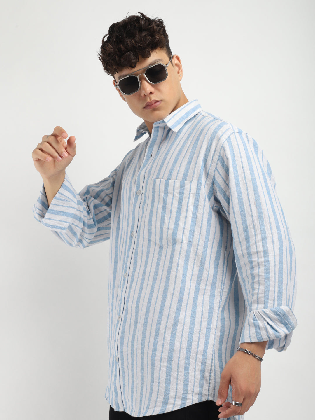 British Vintage Sky Blue Linen  Full Sleeve Shirt