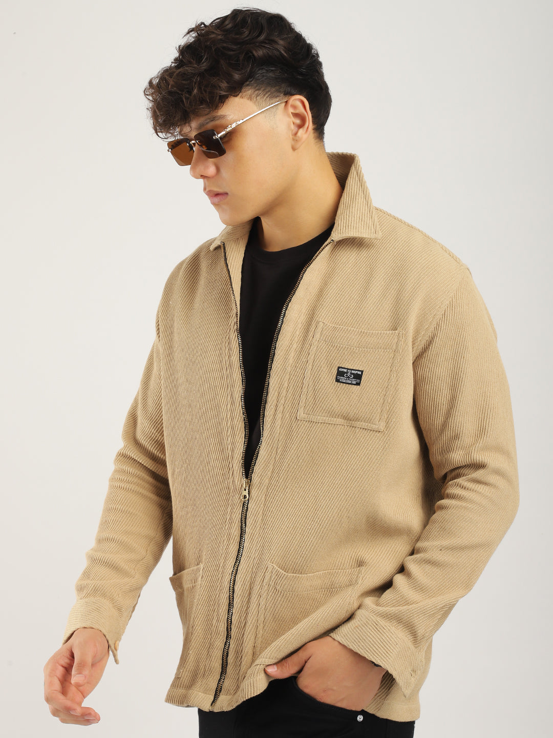 Belford Drill Zipper Beige Full Sleeve Shirt