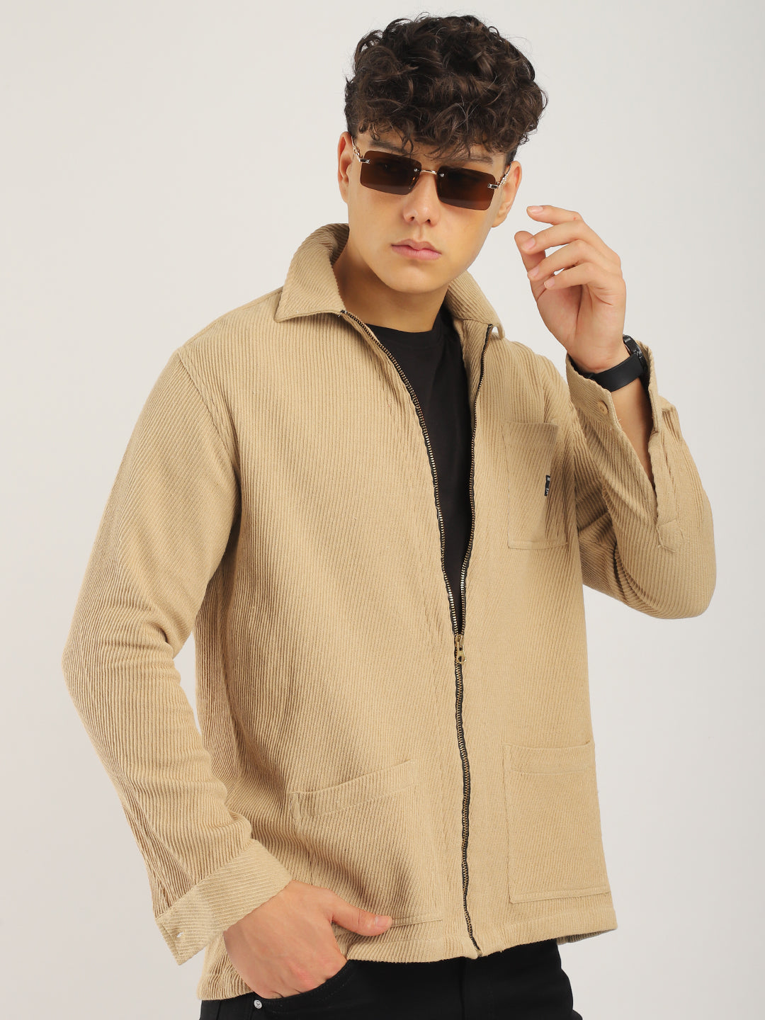 Belford Drill Zipper Beige Full Sleeve Shirt