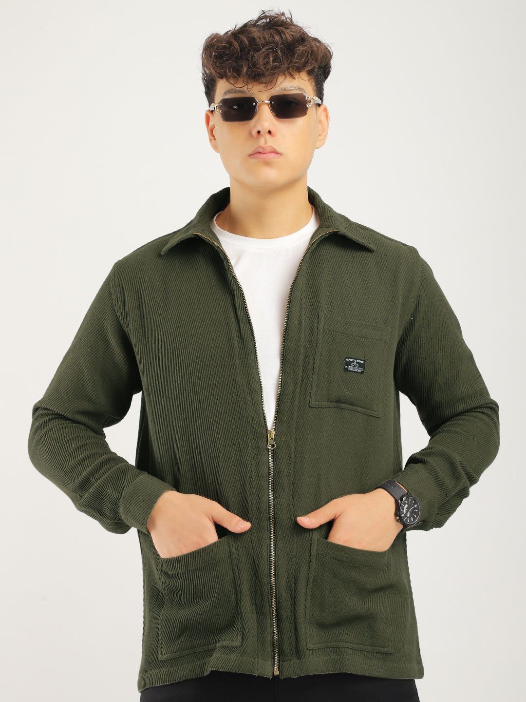 Belford Drill Zipper Olive Full Sleeve Shirt