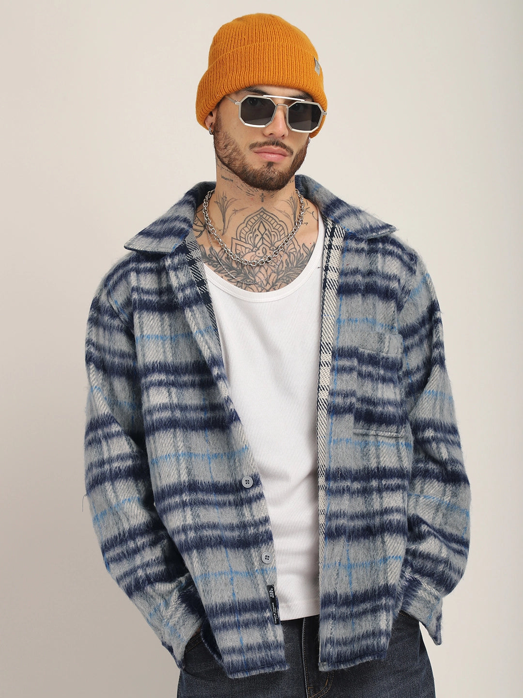 Prime Fit Navy Pure Wool Check Shacket