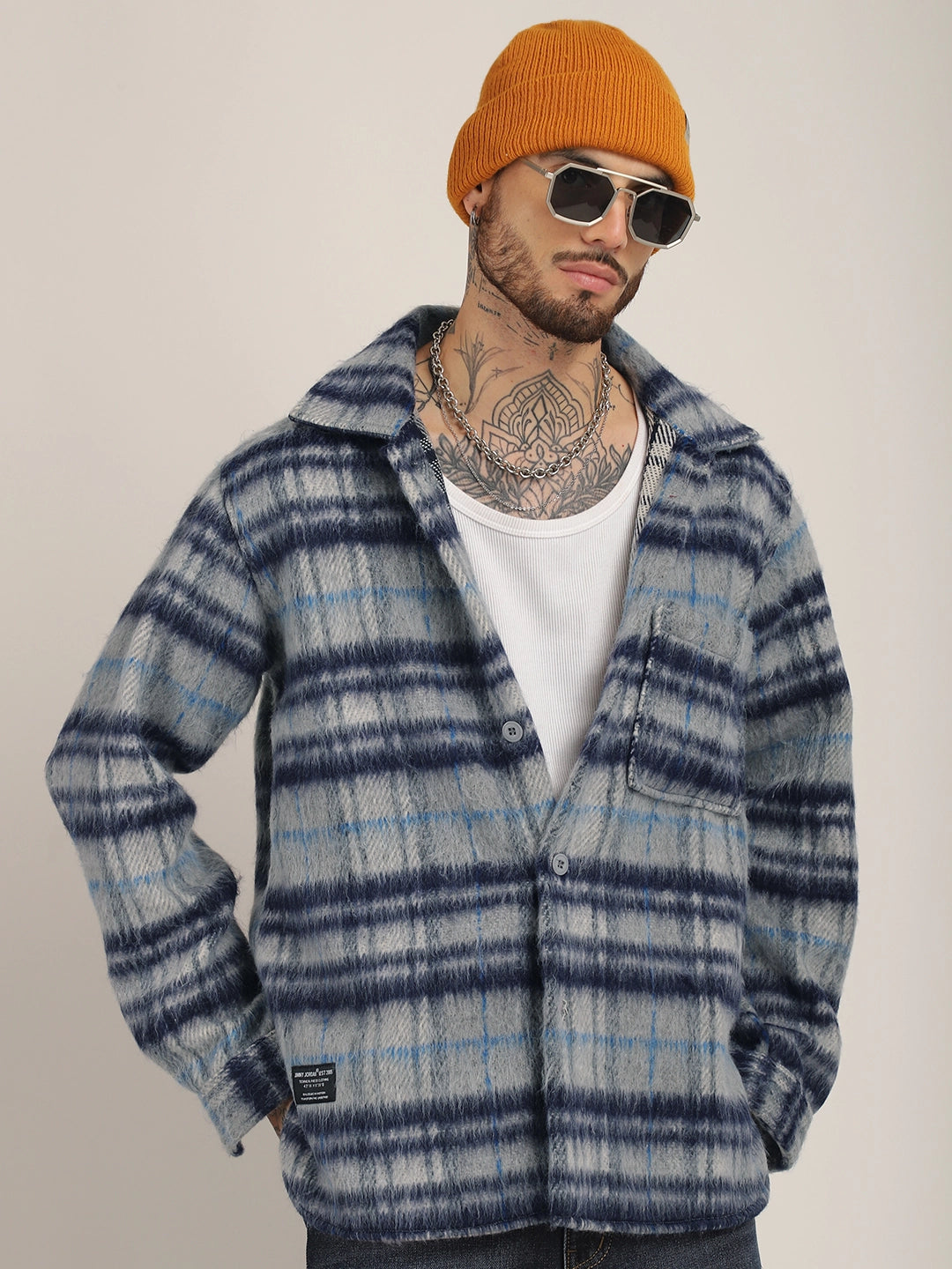 Prime Fit Navy Pure Wool Check Shacket