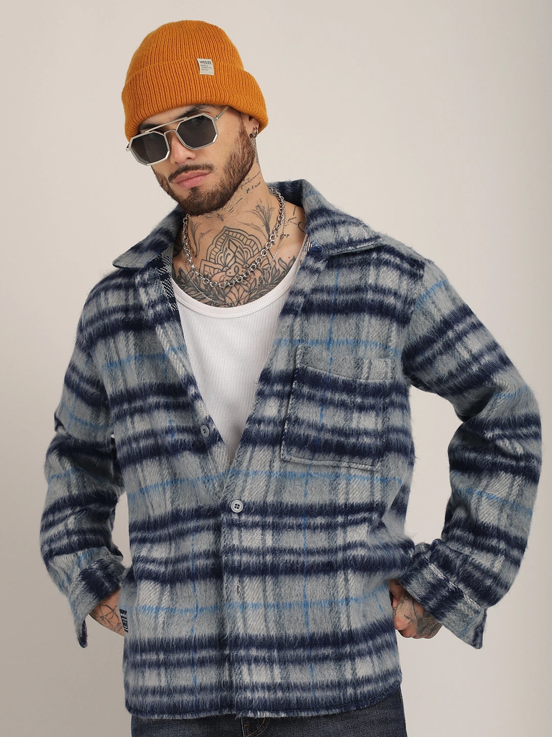 Prime Fit Navy Pure Wool Check Shacket