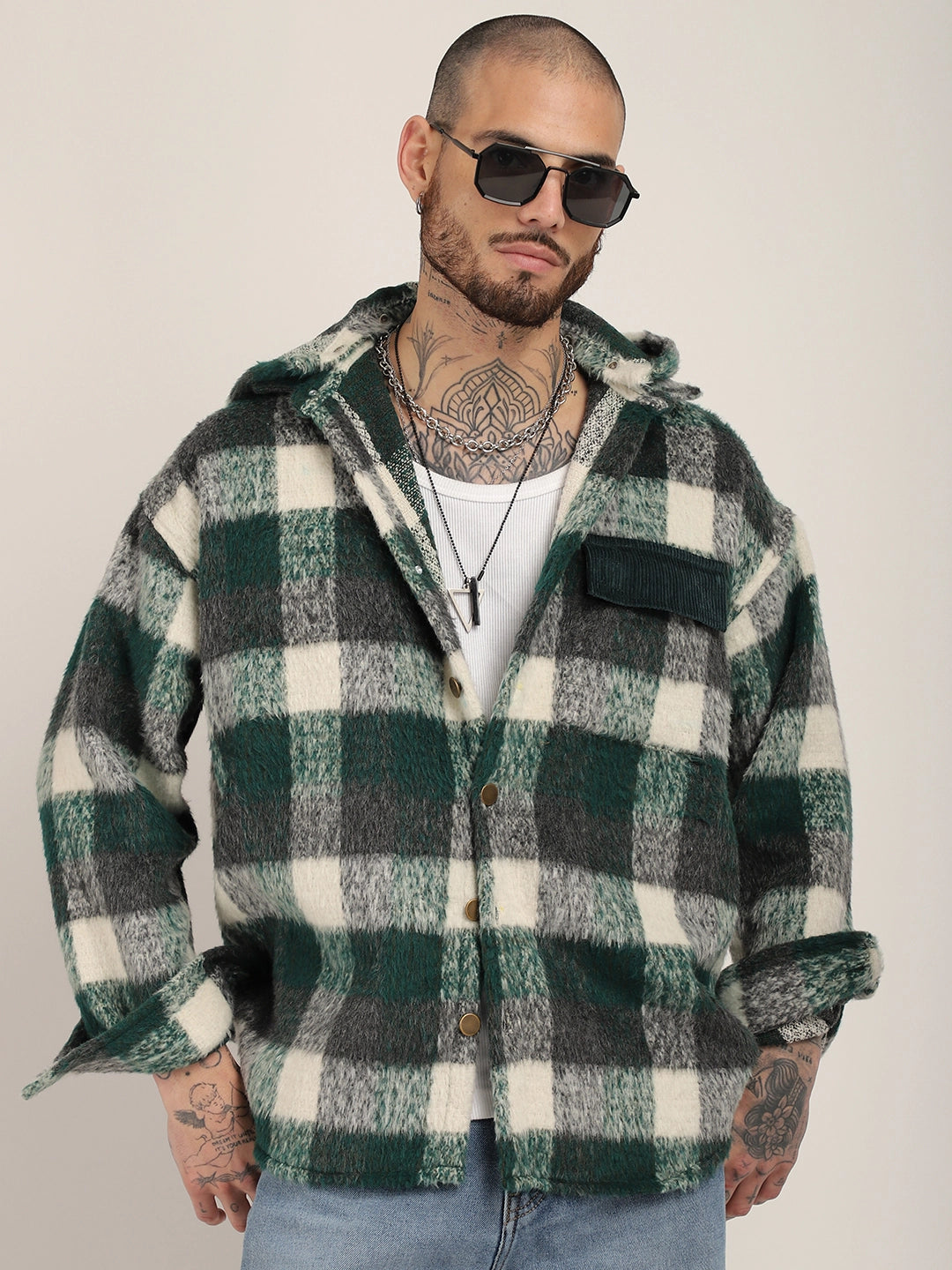 Core Fit Pure Wool Green &amp; White Check Hoodie