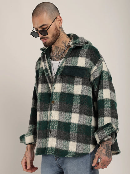 Core Fit Pure Wool Green &amp; White Check Hoodie