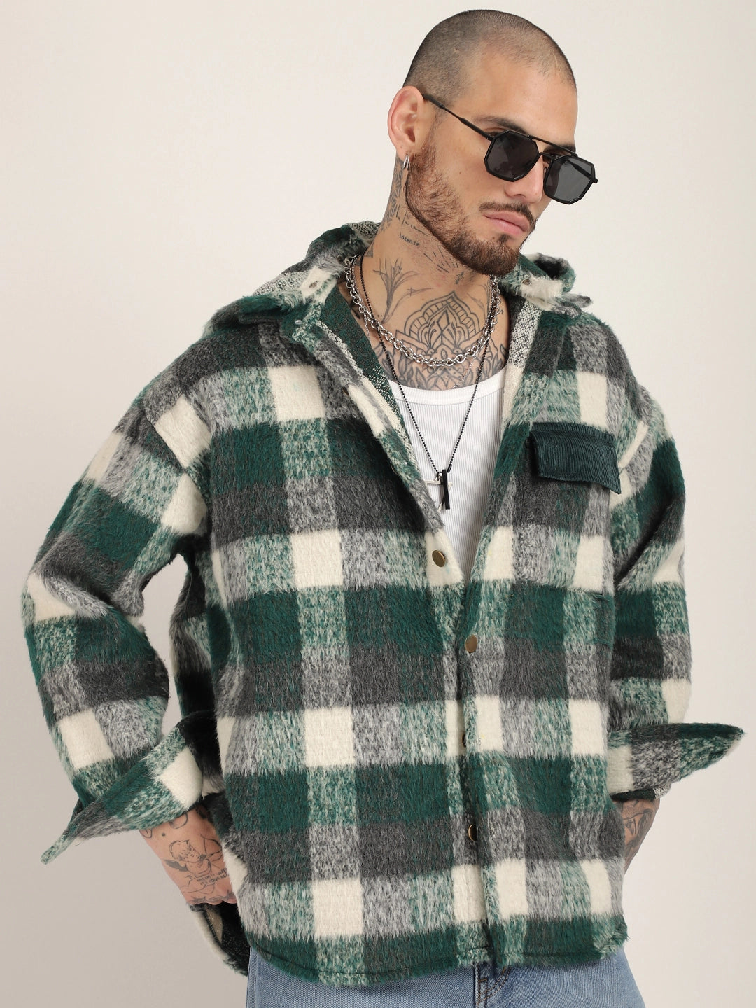 Core Fit Pure Wool Green &amp; White Check Hoodie