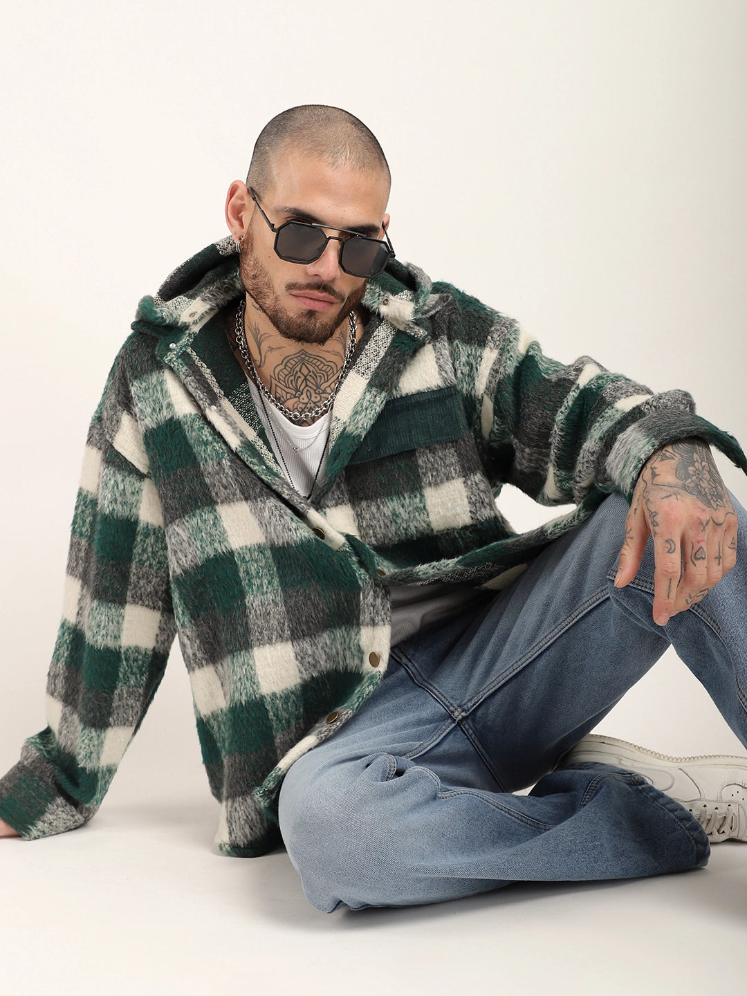 Core Fit Pure Wool Green &amp; White Check Hoodie