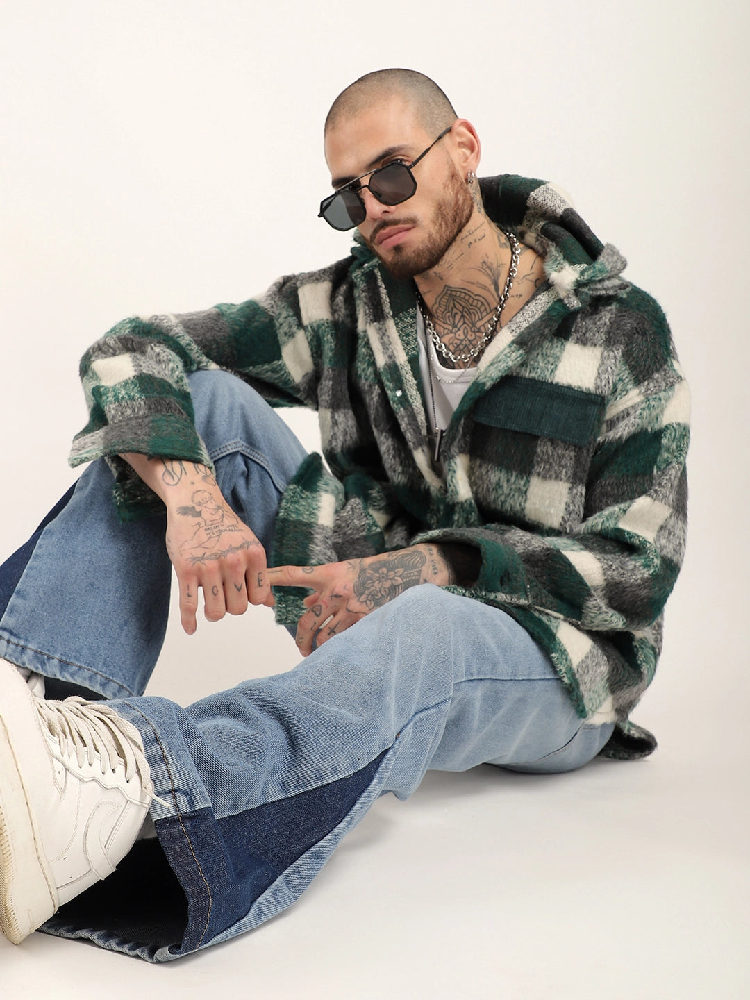 Core Fit Pure Wool Green &amp; White Check Hoodie