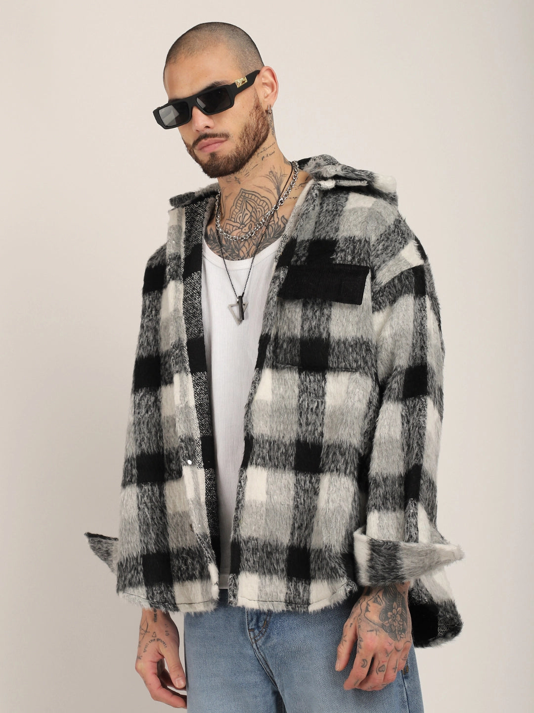 Core Fit Pure Wool Black &amp; White Check Hoodie