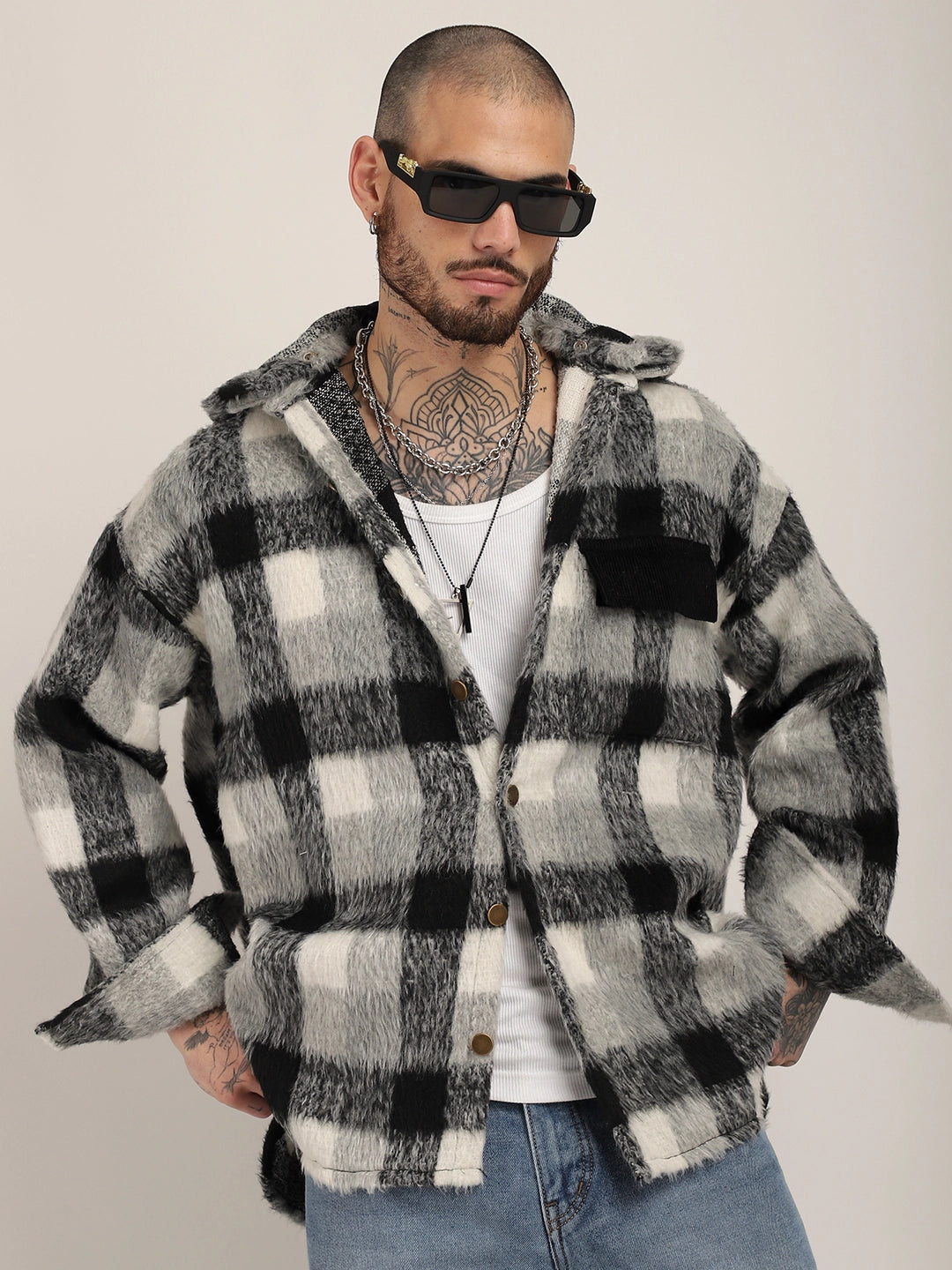 Core Fit Pure Wool Black &amp; White Check Hoodie