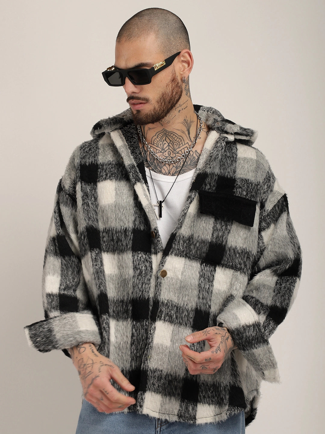 Core Fit Pure Wool Black &amp; White Check Hoodie