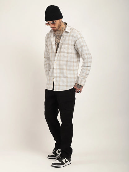 Union Jacked Linen Off White Checked Full Sleeve Shirt