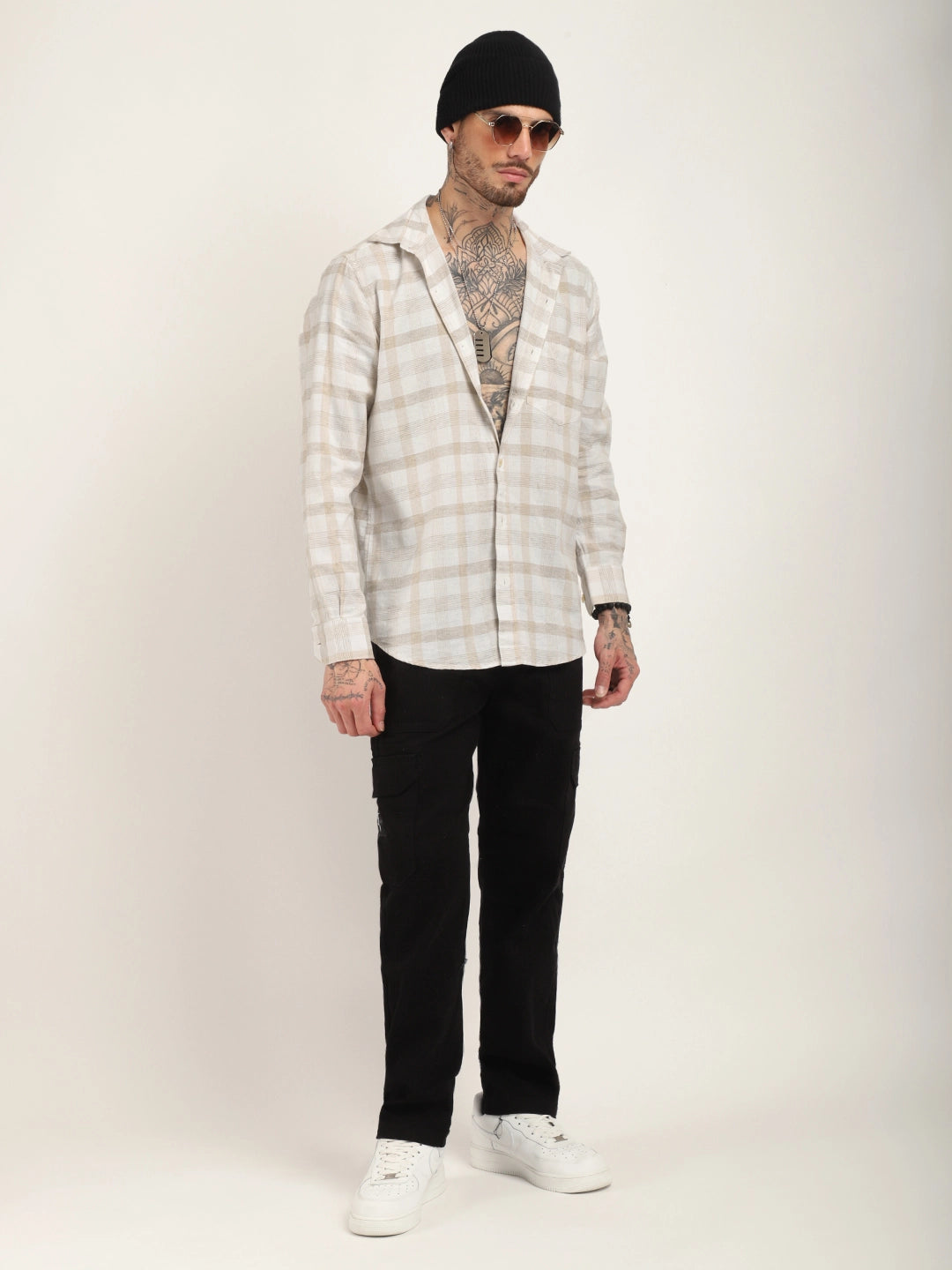 Union Jacked Linen Off White Checked Full Sleeve Shirt