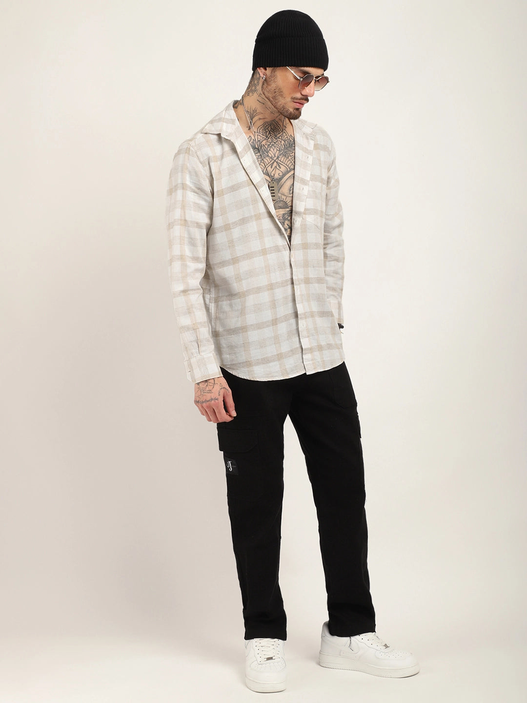 Union Jacked Linen Off White Checked Full Sleeve Shirt