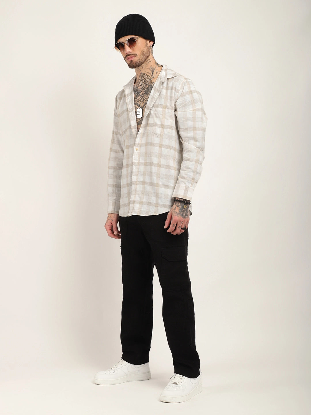 Union Jacked Linen Off White Checked Full Sleeve Shirt