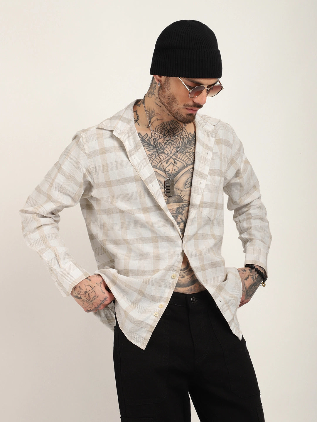 Union Jacked Linen Off White Checked Full Sleeve Shirt