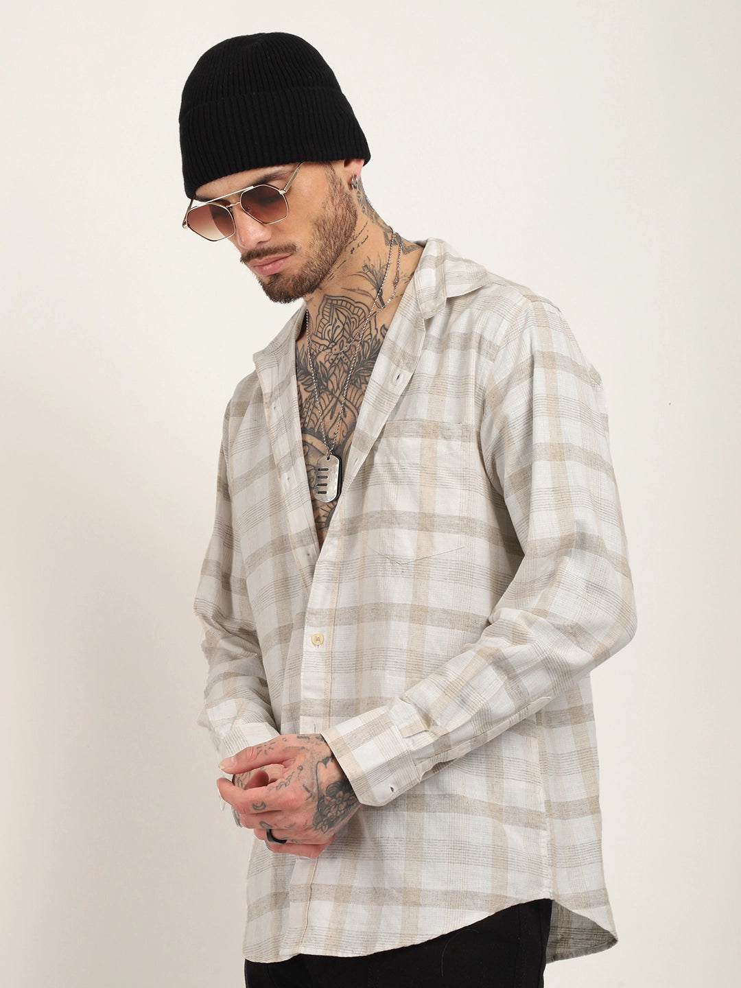 Union Jacked Linen Off White Checked Full Sleeve Shirt