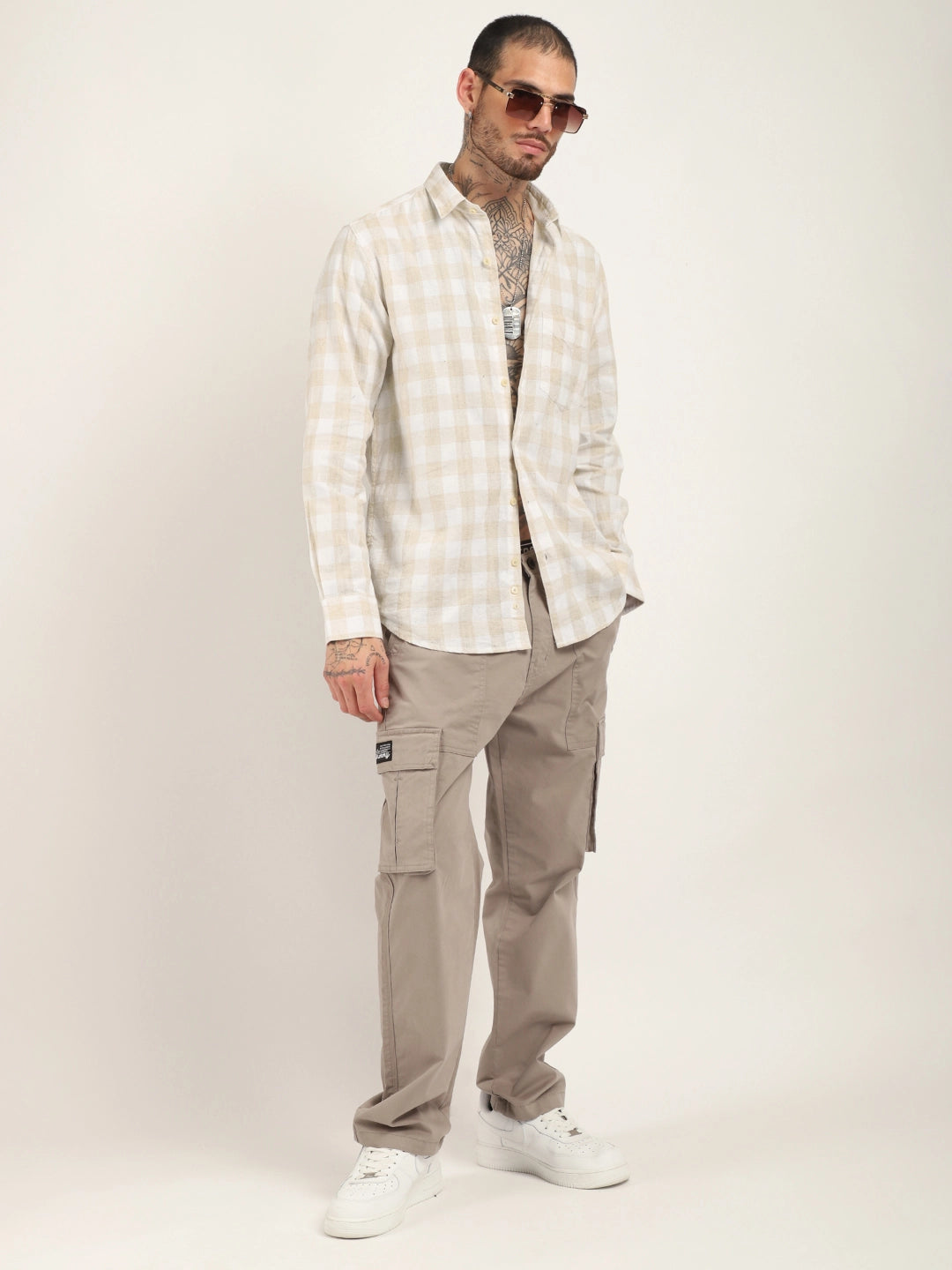 Union Jacked Linen Cream Checked Full Sleeve Shirt