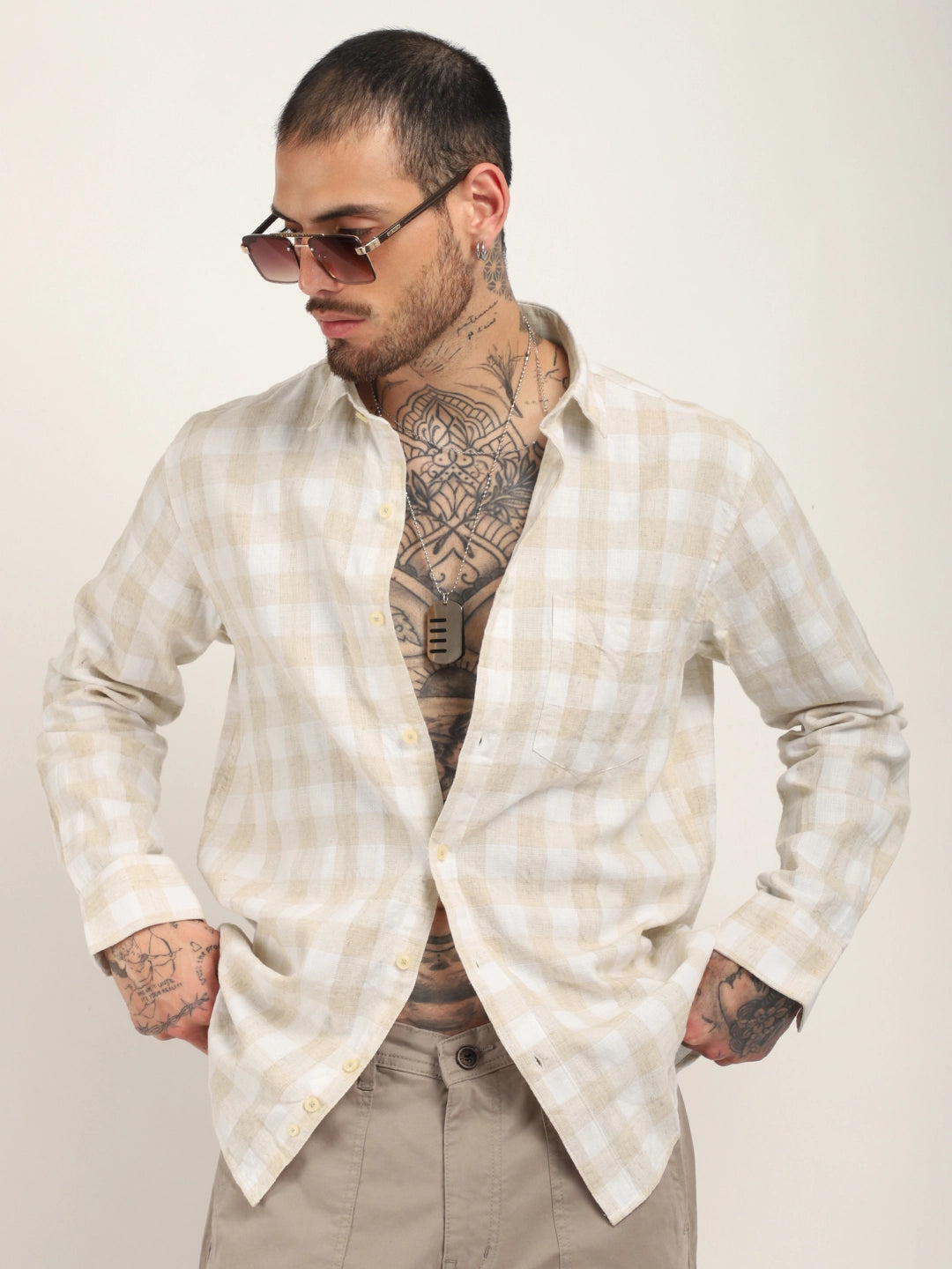 Union Jacked Linen Cream Checked Full Sleeve Shirt