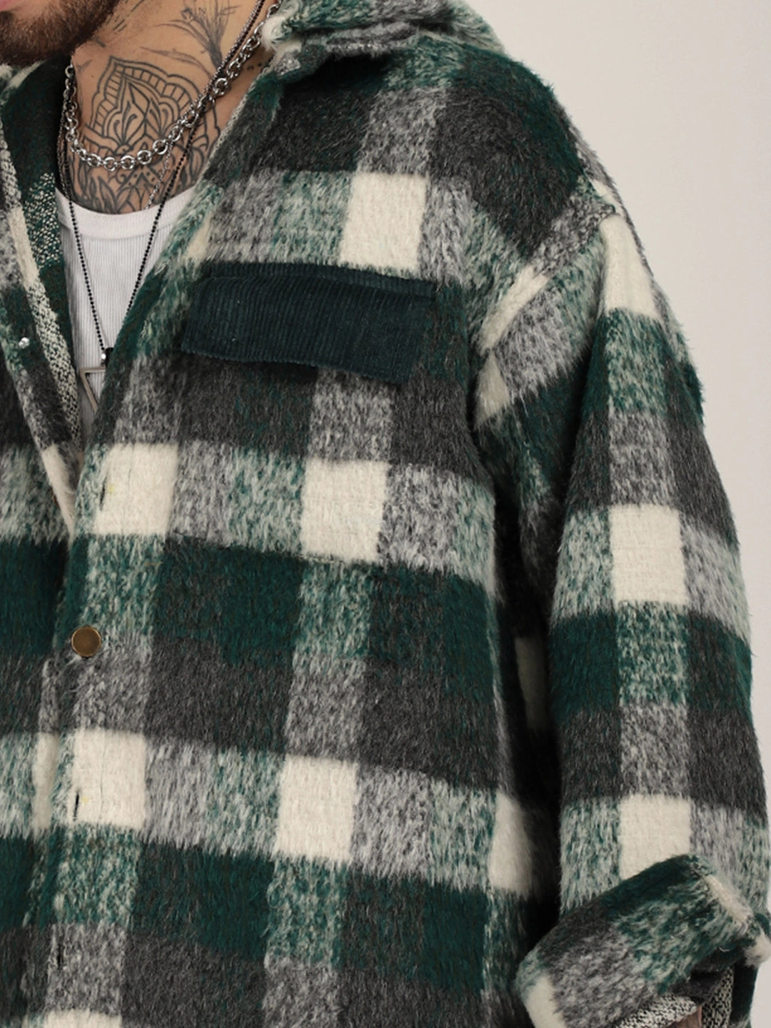 Core Fit Pure Wool Green &amp; White Check Hoodie